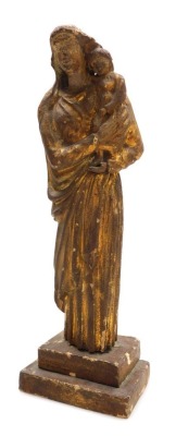 An 18thC French gilt wood figure of The Madonna and Child, in standing pose, raised on a stepped base, titled to upper step, 33cm high.