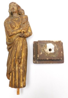 An 18thC French gilt wood figure of The Madonna and Child, in standing pose, raised on a stepped base, titled to upper step, 33cm high. - 4