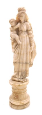 A 17thC Sicilian alabaster figure of The Madonna and Child, modelled in standing pose, on an alabaster socle, 33cm high.