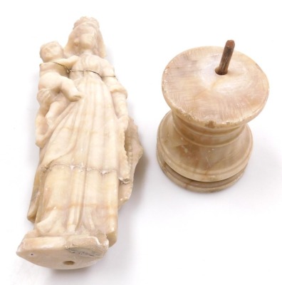 A 17thC Sicilian alabaster figure of The Madonna and Child, modelled in standing pose, on an alabaster socle, 33cm high. - 3