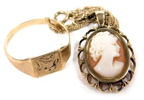 A 9ct gold lady's signet ring, foliate and initial engraved, size J ½, 1.1g, together with a shell cameo pendant, bust portrait of a lady, in 9ct gold pendant mount, on a 9ct gold neck chain, 2.0g all in. (2)