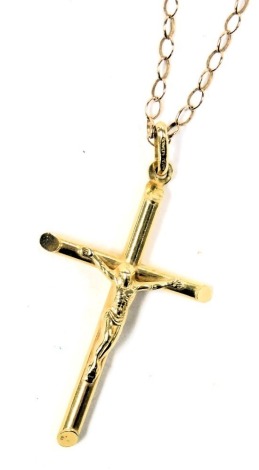 A 9ct gold crucifix pendant, on a belcher link neck chain, with bolt ring clasp, stamped 9ct, 6.9g all in.