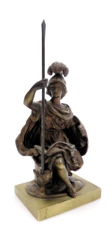 A mid 19thC bronze figure of Minerva, modelled seated, holding a spear and shield, raised on a rectangular base, 15cm high.