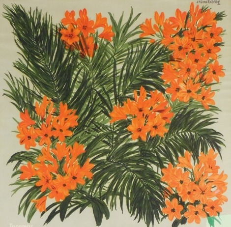 A Jacqmar designer silk scarf, decorated with orange alstroemeria, gilt framed, 76cm x 76cm.