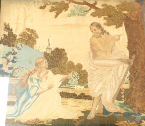 An 18thC needlework picture, of Christ and The Woman of Smara, within an English landscape, 36cm x 42cm.