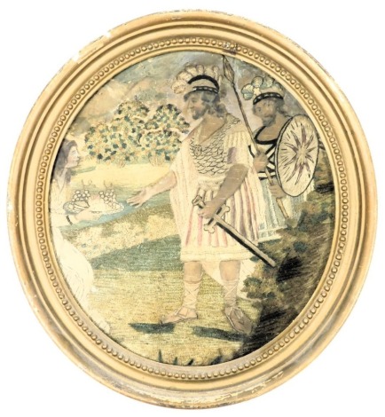 A late 18thC circular silk work picture, depicting Alexander The Great, with an attendant and serving woman offering food, 27.5cm x 24.5cm.