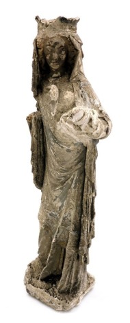 An 18thC stone figure of a saintly woman or royal personage, modelled standing, painted in grey and gilt heightened, 49cm high.