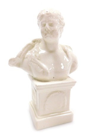 A late 18thC Leeds creamware pottery bust of a man, draped with a swan, on a pedestal base, 15.5cm high.