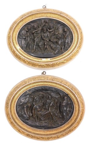 A pair of mid 19thC oval electro type relief plaques, signed Justin, depicting the placing of the crown of thorns on the head of Jesus, and The entombment of Jesus Christ, in gilt gesso and wooden frames, plaque 15cm x 20cm.