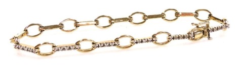 A 9ct gold and diamond set bracelet, in an oval and bar link design, on a snap clasp, 8.0g all in.