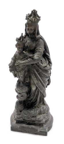 A 19thC French pewter figure of The Madonna and Child, both modelled crowned, the child upon a celestial globe, raised on a cloud base, with reserve engraved ND Les Victories, 31cm high.