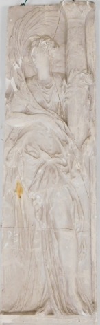 A 19thC plaster plaque, carved with a classical woman beside a column, with wall mountings, 77.5cm high.