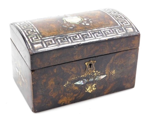 A 19thC Continental faux coromandel domed tea caddy, the lid with mother of pearl shield inlay within a border of greek key design, opening to reveal a vacant interior, 11.5cm x 18cm wide.