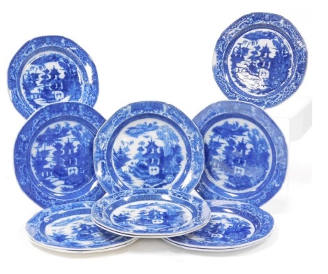 A group of late 18thC and later Joshua Heath blue and white chinoiserie plates, decorated in the Conversation pattern. (11)