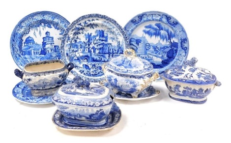 A group of early 19thC blue and white transfer decorated blue and white pottery, including a Monopteros plate, Davenport Imperial Park pattern plate, Herculean India Series pottery plate, sauce tureens and cover, and two stands. (a quantity)