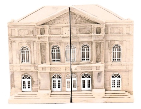 A pair of Timothy Richards plaster architectural bookends, modelled as the Baden Baden Theatre and Opera House, 17cm high. (AF)