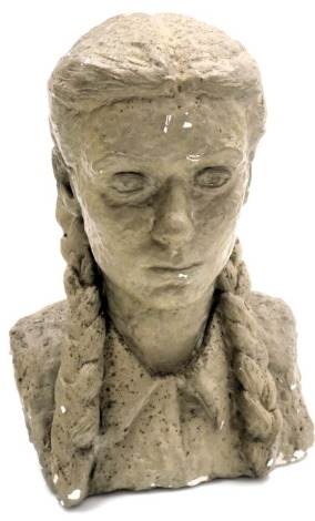 A mid 20thC plaster bust of a young woman, with pigtails, 38cm high.