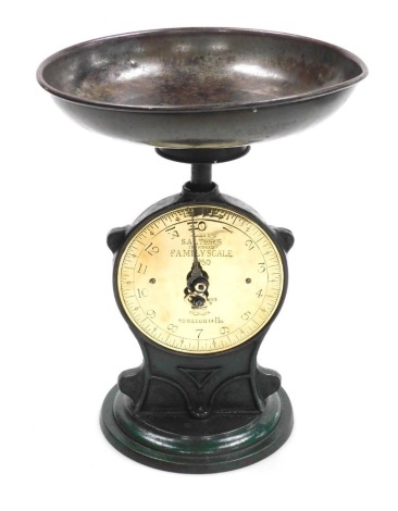 A set of Salter's cast iron and brass family scales, no. 50, class II, to weigh 14lbs, 31.5cm high.