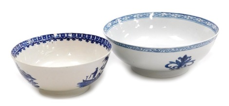 A late 18thC Liverpool porcelain bowl, painted in blue and white with flowers and a scroll, 20cm wide, and a further Liverpool bowl, chinoiserie decorated in the Fisherman pattern, 15.5cm wide. (AF, 2)