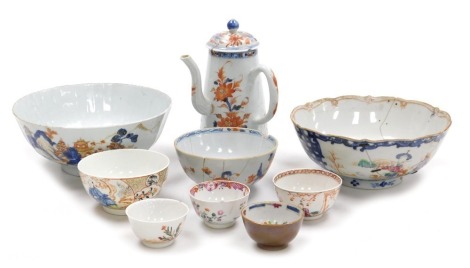 A group of 18thC and later Chinese export porcelain, and Imari porcelain, including a coffee pot, tea bowls, and further bowls. (a quantity)