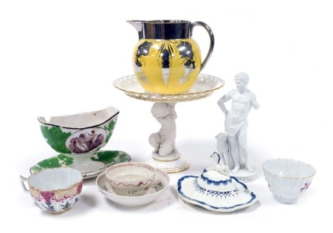 A group of 19thC English pottery and porcelain, including a Minton Parian and porcelain tazza, the stem formed as a kneeling putto, a canary yellow ground and silver lustre jug, decorated with hops and vines, Wedgwood blue and white pearl ware, sauce ture