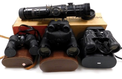 A military issue night sight, possibly a SS 20 MKI, and three pairs of binoculars.