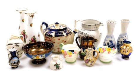 Ceramics, including Goss jugs, Delft vase, spill vases, Sunderland ware, lustre ware, teapot and large jug. (a quantity)