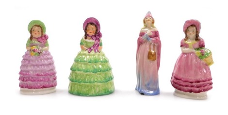 Four small Goss porcelain figures, modelled as Bridesmaid, Mistress Page, Peggy and Bell.