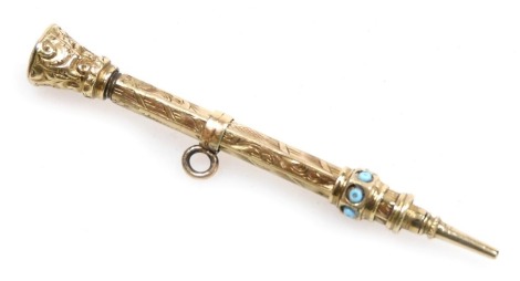 A 19thC propelling pencil, yellow metal with engraved decoration, and amethyst glass set terminal, the slide later set with turquoise beads, 5cm long.