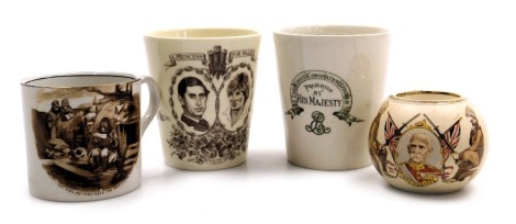 A Carltonware pottery match striker, decorated with Lord Roberts, a Royal Doulton beaker to celebrate the marriage of The Prince of Wales and Lady Diana Spencer, further beaker to commemorate the Coronation of Edward VII June 1902, and a Grimwades, Bruce 