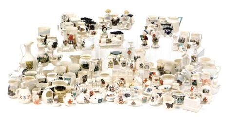 Five trays of Goss and crested china, including figures, clocks, truck of coal, etc.(approx 100)