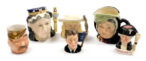 Six Royal Doulton character jugs, comprising of Old Bill, Annie Oakley, Sairey Gamp, Queen Victoria, Jim Bourbon Collection Captain Cook and Michael Doulton.