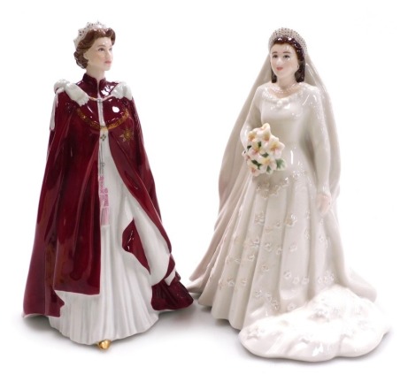 Two Royal Worcester figures, comprising 80th Birthday Of Her Majesty The Queen 2006, and QEII and His Royal Highness The Duke of Edinburgh Diamond Wedding Anniversary 2007, 22cm high.