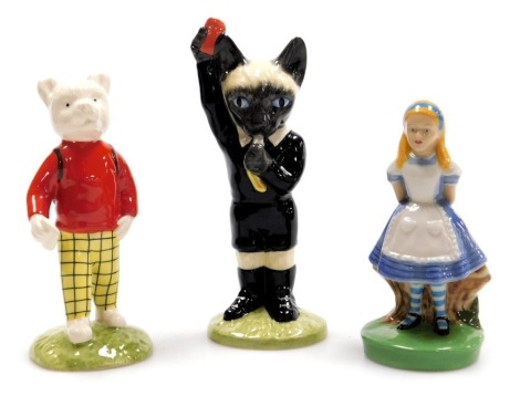 A Beswick Rupert with satchel, limited edition 792/200, 15cm high, a Beswick figure of Red Card, special edition 500/1500, 16cm high, and a Wade figure of Alice in Wonderland. (3)