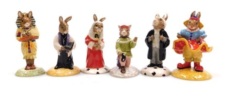 Six Royal Bunnykins figures, comprising Tutankhamun, Clarence The Clown, Lawyer, Romeo, Vicar and Judge, five boxed, 12cm high.