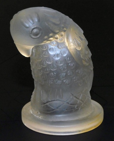 An early 20thC frosted and moulded glass mascot type figure of a parrot, 7.5cm high.