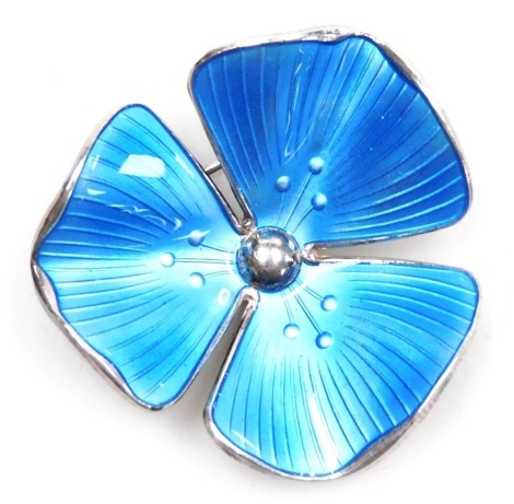 A Norwegian silver and turquoise blue guilloche enamel flower brooch, of triple petal form, impressed marks 925S STERLING NORWAY, 37mm wide.