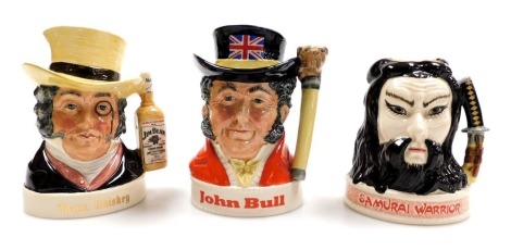 Three Royal Doulton Jim Beam Bourbon Whiskey collection jugs, comprising Samurai Warrior, Jim Bean and John Bull, boxed.