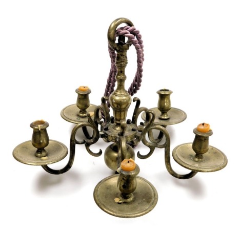 A heavy brass five branch candle chandelier, 32cm high, 39cm wide.