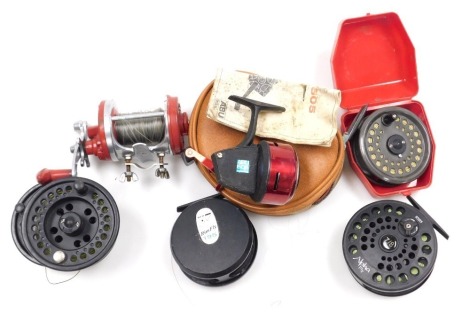 A Scandinavian Abo 505 reel, BFR rim fly 195, Alfa fly 782533, K P Morritt Intrepid reel, and two further reels.