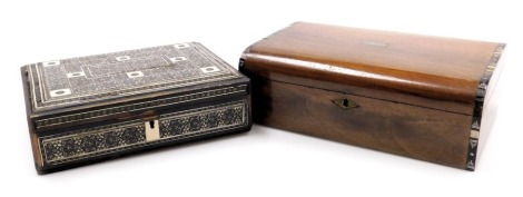 A Victorian rosewood sewing casket, with mother of pearl and ebony inlay, opening to reveal a vacant interior, 26cm wide, together with a Damascus box, inlaid with simulated ivory and white metal floral decoration, 22.5cm wide. (2)