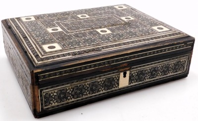 A Victorian rosewood sewing casket, with mother of pearl and ebony inlay, opening to reveal a vacant interior, 26cm wide, together with a Damascus box, inlaid with simulated ivory and white metal floral decoration, 22.5cm wide. (2) - 2