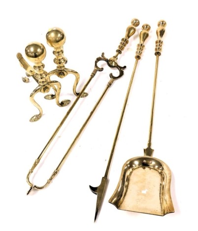 Three Victorian brass fire irons, comprising a shovel, poker and pair of tongs, together with a pair brass andirons. (5)