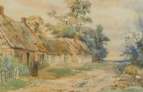 William White Warren (British, 1832-1915). Country lane with thatched cottages, watercolour, signed, dated 1887, 20cm x 30cm.