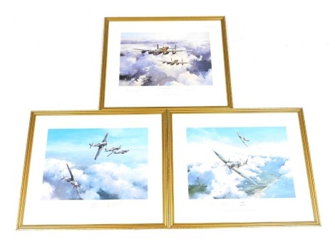 After Robert Taylor, Spitfire, print, first edition, signed by Group Captain Sir Douglas Bader and Air Vice Marshal Johnnie Johnson, 50cm x 60cm, Hurricane, print, first edition, signed by Wing Commander Bob Stanford-Tuck, 50cm x 60cm, The Lancaster V.C.s