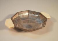 A George V silver Art Deco style two handled hexagonal bowl with ivory handles