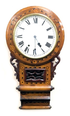 A late 19thC American walnut and inlaid drop dial wall clock, the circular dial bearing Roman numerals, eight day movement, the case with floral and star inlay, and crossbanding, 80cm high.