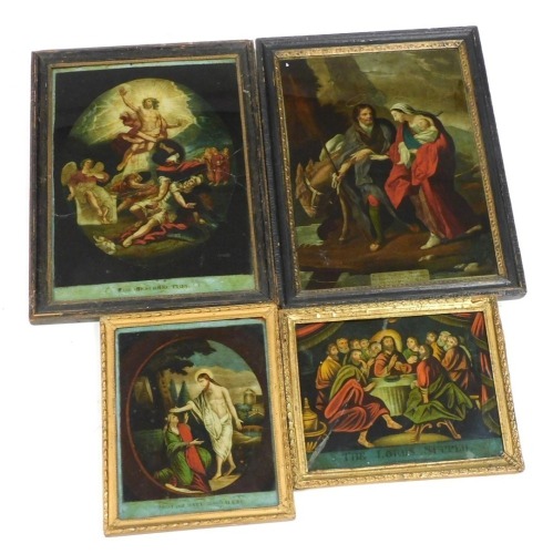 Four late 18thC reverse prints on glass, religious subjects, comprising The Resurrection, 35.5cm x 25.5cm, He Took The Young Child and His Mother and Parted Into Egypt, 35cm x25cm, Christ and Mary Magdalene, 23.5cm x 18.5cm, and the Lord's Last Supper, 18