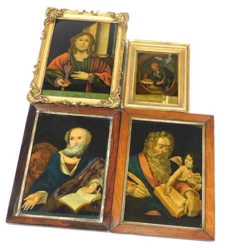 Four late 18thC reverse prints on glass, comprising Saint Matthew, 34.5cm x 24cm, Saint Mark, 34.5cm x 24.5cm, Saint John, 34cm x 24.5cm and another of Saint Mark, 21.5cm x 16cm.