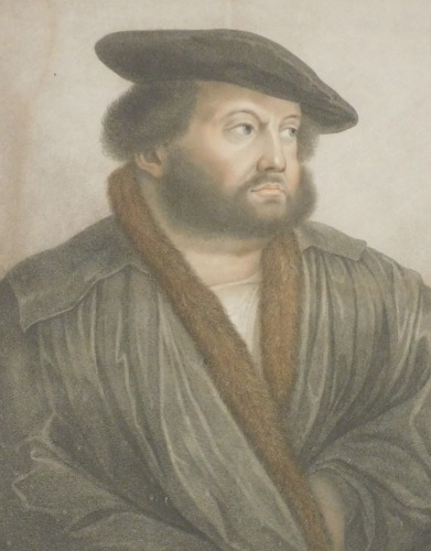 After Hans Holbein. Self portrait, coloured engraving by Francesco Bartolozzi, published by I Chamberlain, Brompton, Middlesex, 55.5cm x 40cm.